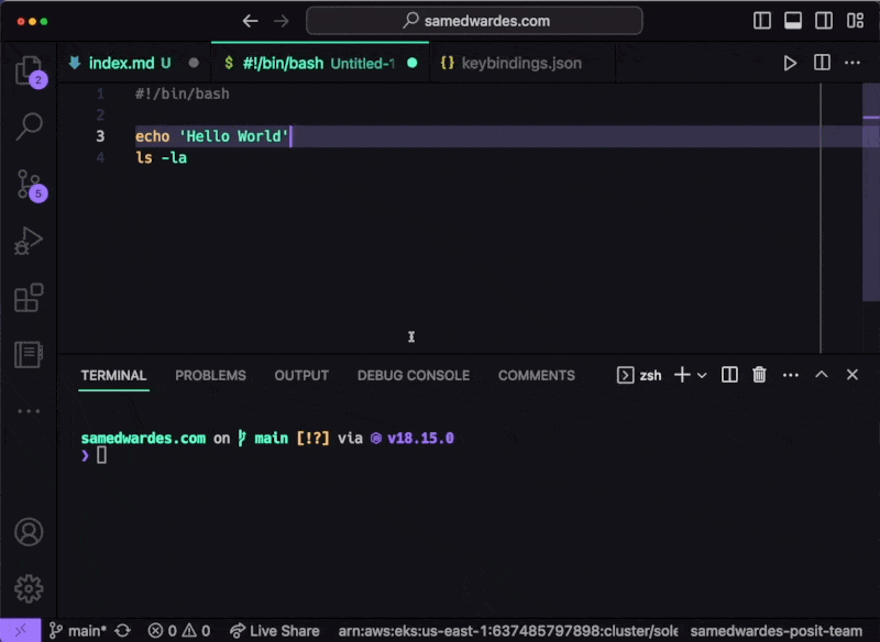 Gif of the sending shell script from the editor to the terminal.